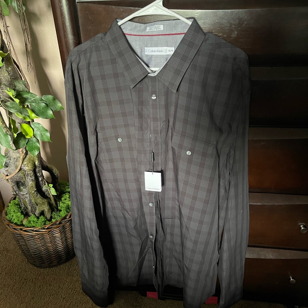 NWT Calvin Klein Dress Shirt Mens size 2XL Plaid Black Gray Long Sleeve
